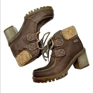 Eric Michael Brown Leather Lace-Up Heel Boots Chunky Sole Wool Trim Size 36